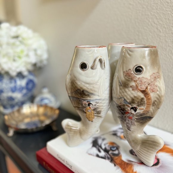Vintage Sculptural Japanese Porcelain Koi Carp Vase With 3 Fish Mouth Good Luck